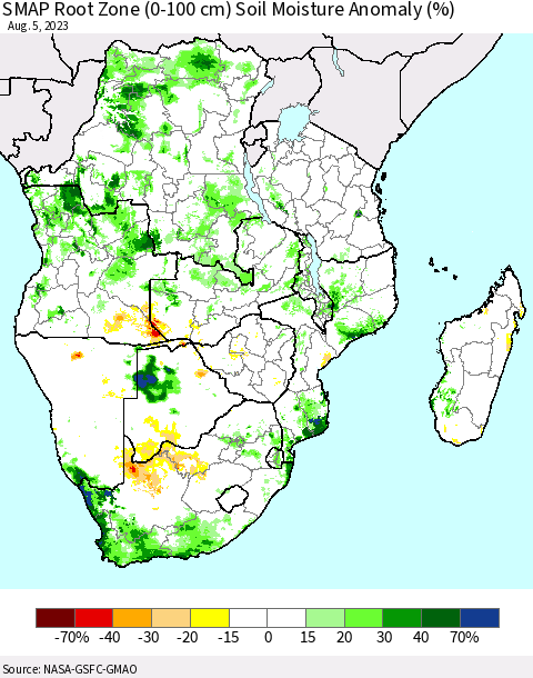Southern Africa SMAP Root Zone (0-100 cm) Soil Moisture Anomaly (%) Thematic Map For 8/1/2023 - 8/5/2023