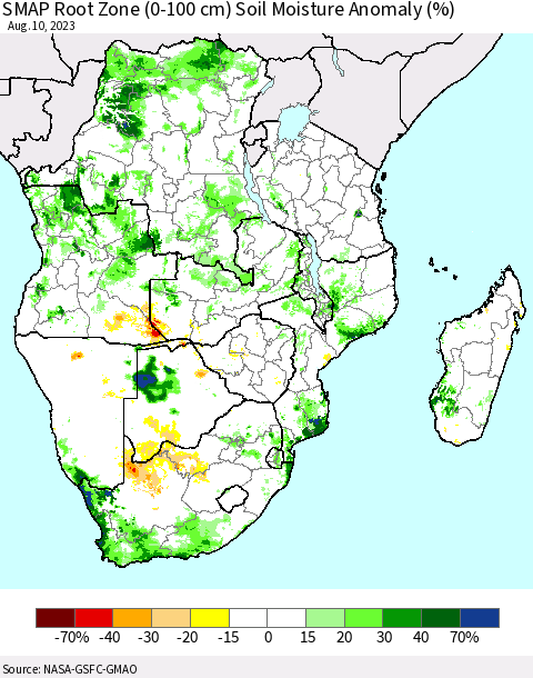 Southern Africa SMAP Root Zone (0-100 cm) Soil Moisture Anomaly (%) Thematic Map For 8/6/2023 - 8/10/2023