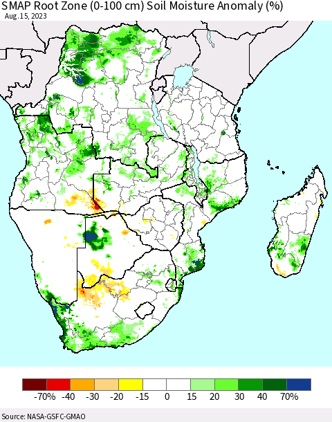 Southern Africa SMAP Root Zone (0-100 cm) Soil Moisture Anomaly (%) Thematic Map For 8/11/2023 - 8/15/2023