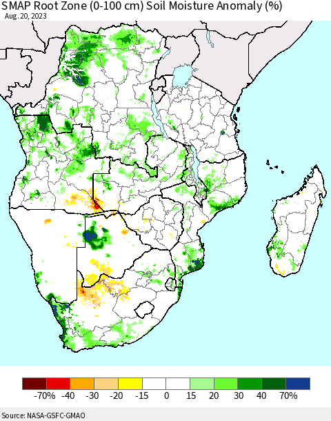 Southern Africa SMAP Root Zone (0-100 cm) Soil Moisture Anomaly (%) Thematic Map For 8/16/2023 - 8/20/2023
