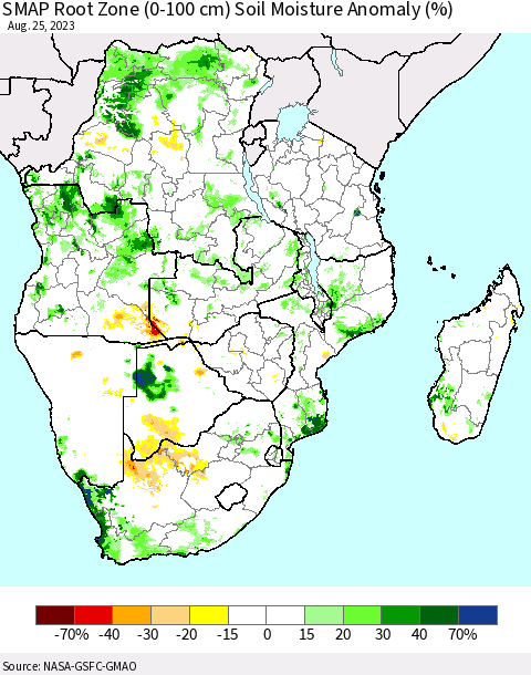 Southern Africa SMAP Root Zone (0-100 cm) Soil Moisture Anomaly (%) Thematic Map For 8/21/2023 - 8/25/2023