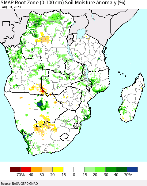 Southern Africa SMAP Root Zone (0-100 cm) Soil Moisture Anomaly (%) Thematic Map For 8/26/2023 - 8/31/2023