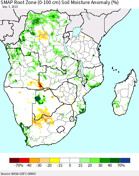Southern Africa SMAP Root Zone (0-100 cm) Soil Moisture Anomaly (%) Thematic Map For 9/1/2023 - 9/5/2023