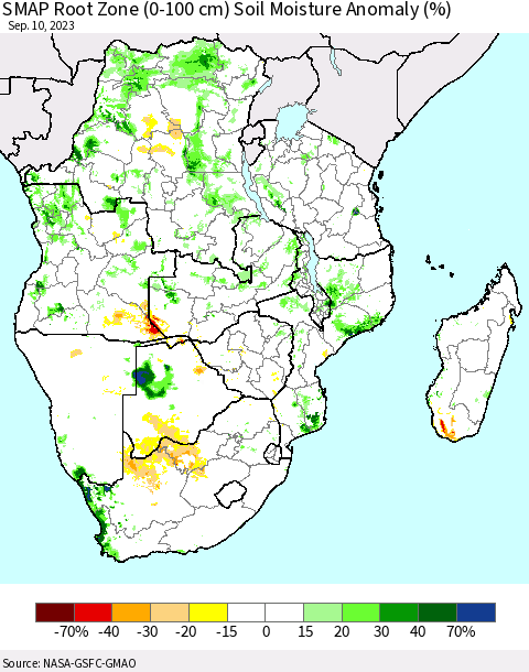Southern Africa SMAP Root Zone (0-100 cm) Soil Moisture Anomaly (%) Thematic Map For 9/6/2023 - 9/10/2023