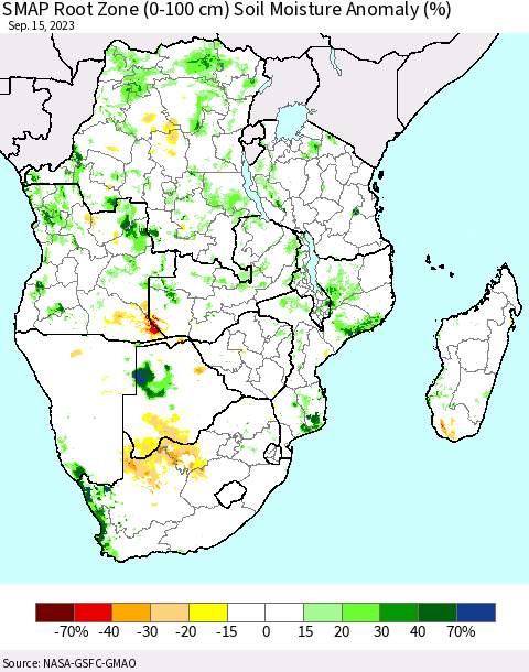 Southern Africa SMAP Root Zone (0-100 cm) Soil Moisture Anomaly (%) Thematic Map For 9/11/2023 - 9/15/2023
