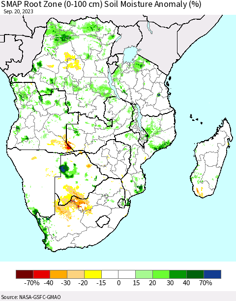 Southern Africa SMAP Root Zone (0-100 cm) Soil Moisture Anomaly (%) Thematic Map For 9/16/2023 - 9/20/2023