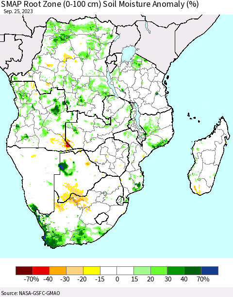 Southern Africa SMAP Root Zone (0-100 cm) Soil Moisture Anomaly (%) Thematic Map For 9/21/2023 - 9/25/2023