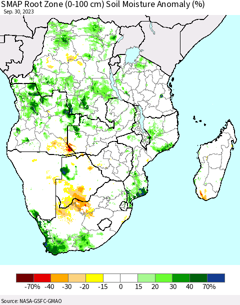 Southern Africa SMAP Root Zone (0-100 cm) Soil Moisture Anomaly (%) Thematic Map For 9/26/2023 - 9/30/2023