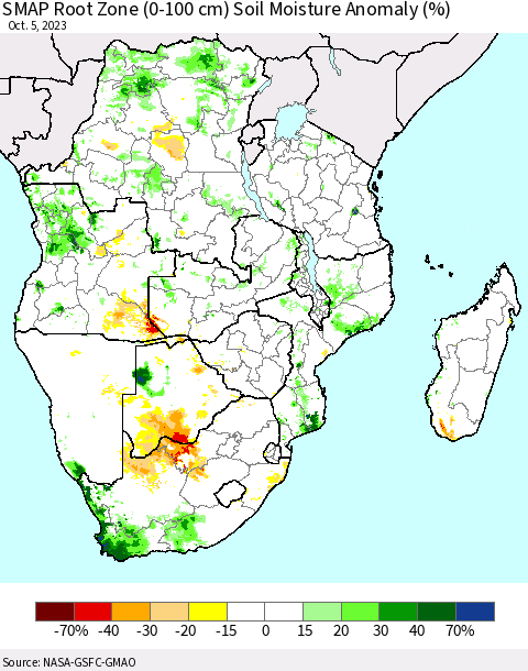 Southern Africa SMAP Root Zone (0-100 cm) Soil Moisture Anomaly (%) Thematic Map For 10/1/2023 - 10/5/2023