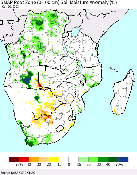 Southern Africa SMAP Root Zone (0-100 cm) Soil Moisture Anomaly (%) Thematic Map For 10/6/2023 - 10/10/2023