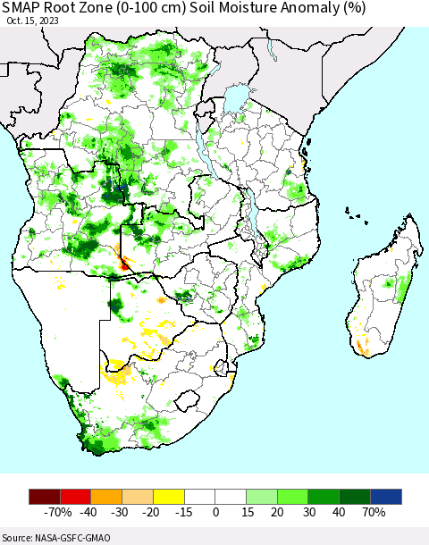 Southern Africa SMAP Root Zone (0-100 cm) Soil Moisture Anomaly (%) Thematic Map For 10/11/2023 - 10/15/2023