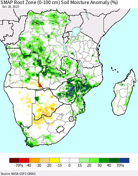 Southern Africa SMAP Root Zone (0-100 cm) Soil Moisture Anomaly (%) Thematic Map For 10/16/2023 - 10/20/2023