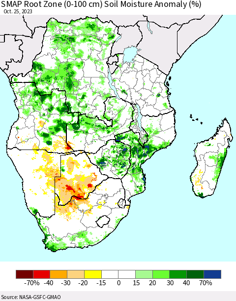 Southern Africa SMAP Root Zone (0-100 cm) Soil Moisture Anomaly (%) Thematic Map For 10/21/2023 - 10/25/2023