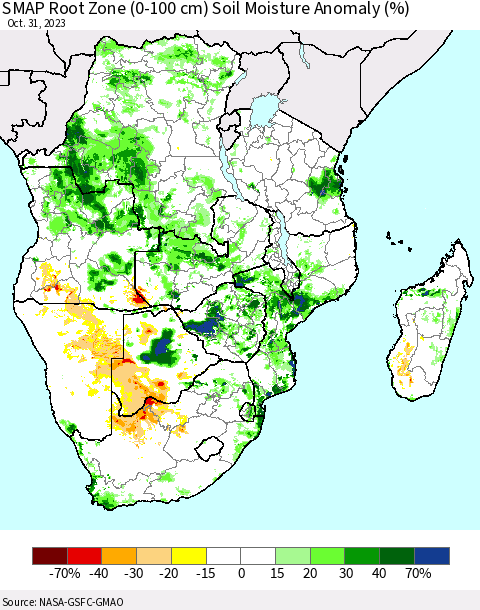 Southern Africa SMAP Root Zone (0-100 cm) Soil Moisture Anomaly (%) Thematic Map For 10/26/2023 - 10/31/2023