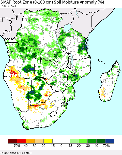 Southern Africa SMAP Root Zone (0-100 cm) Soil Moisture Anomaly (%) Thematic Map For 11/1/2023 - 11/5/2023