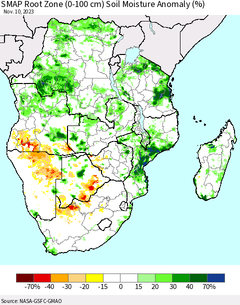 Southern Africa SMAP Root Zone (0-100 cm) Soil Moisture Anomaly (%) Thematic Map For 11/6/2023 - 11/10/2023