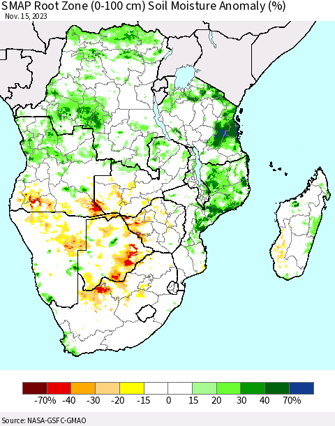 Southern Africa SMAP Root Zone (0-100 cm) Soil Moisture Anomaly (%) Thematic Map For 11/11/2023 - 11/15/2023