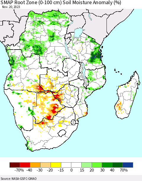 Southern Africa SMAP Root Zone (0-100 cm) Soil Moisture Anomaly (%) Thematic Map For 11/16/2023 - 11/20/2023