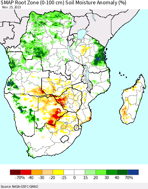 Southern Africa SMAP Root Zone (0-100 cm) Soil Moisture Anomaly (%) Thematic Map For 11/21/2023 - 11/25/2023