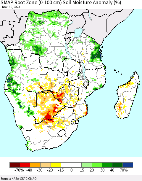 Southern Africa SMAP Root Zone (0-100 cm) Soil Moisture Anomaly (%) Thematic Map For 11/26/2023 - 11/30/2023