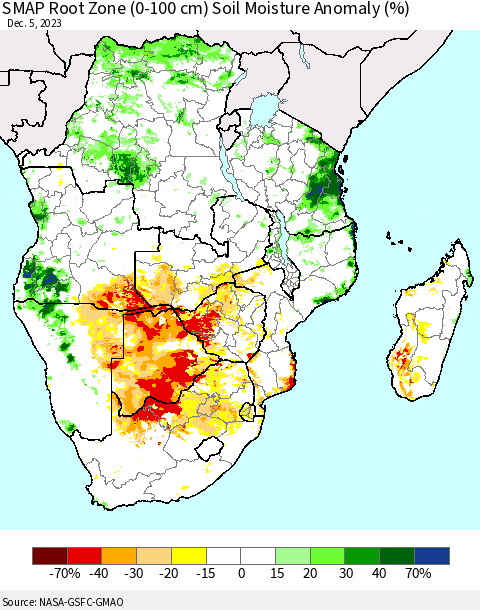 Southern Africa SMAP Root Zone (0-100 cm) Soil Moisture Anomaly (%) Thematic Map For 12/1/2023 - 12/5/2023