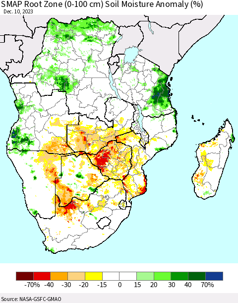 Southern Africa SMAP Root Zone (0-100 cm) Soil Moisture Anomaly (%) Thematic Map For 12/6/2023 - 12/10/2023