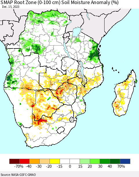 Southern Africa SMAP Root Zone (0-100 cm) Soil Moisture Anomaly (%) Thematic Map For 12/11/2023 - 12/15/2023