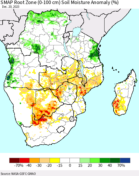 Southern Africa SMAP Root Zone (0-100 cm) Soil Moisture Anomaly (%) Thematic Map For 12/16/2023 - 12/20/2023