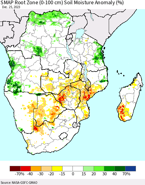 Southern Africa SMAP Root Zone (0-100 cm) Soil Moisture Anomaly (%) Thematic Map For 12/21/2023 - 12/25/2023