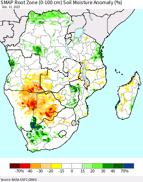 Southern Africa SMAP Root Zone (0-100 cm) Soil Moisture Anomaly (%) Thematic Map For 12/26/2023 - 12/31/2023