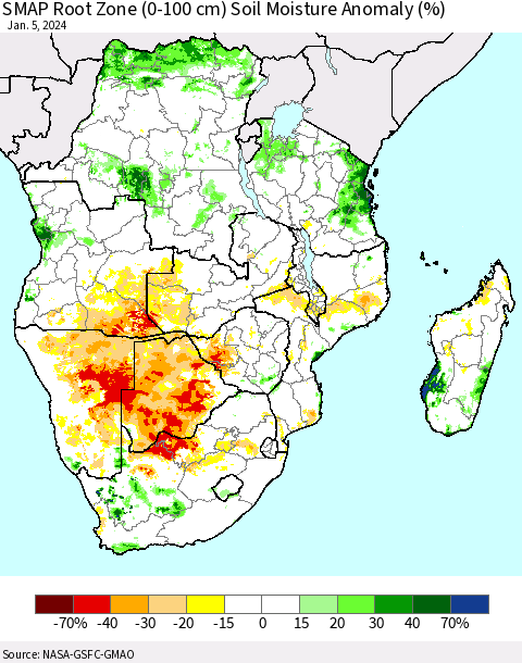 Southern Africa SMAP Root Zone (0-100 cm) Soil Moisture Anomaly (%) Thematic Map For 1/1/2024 - 1/5/2024