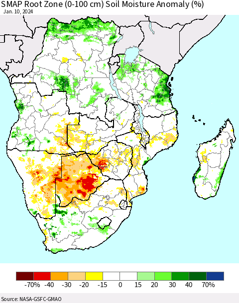 Southern Africa SMAP Root Zone (0-100 cm) Soil Moisture Anomaly (%) Thematic Map For 1/6/2024 - 1/10/2024