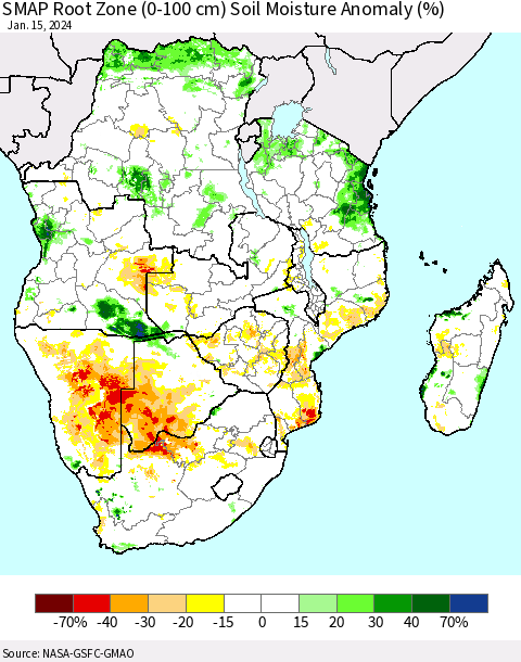 Southern Africa SMAP Root Zone (0-100 cm) Soil Moisture Anomaly (%) Thematic Map For 1/11/2024 - 1/15/2024