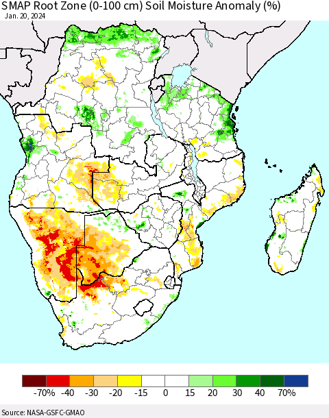 Southern Africa SMAP Root Zone (0-100 cm) Soil Moisture Anomaly (%) Thematic Map For 1/16/2024 - 1/20/2024