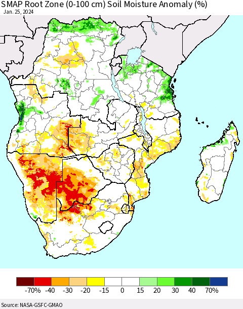 Southern Africa SMAP Root Zone (0-100 cm) Soil Moisture Anomaly (%) Thematic Map For 1/21/2024 - 1/25/2024