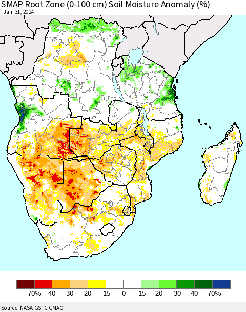 Southern Africa SMAP Root Zone (0-100 cm) Soil Moisture Anomaly (%) Thematic Map For 1/26/2024 - 1/31/2024