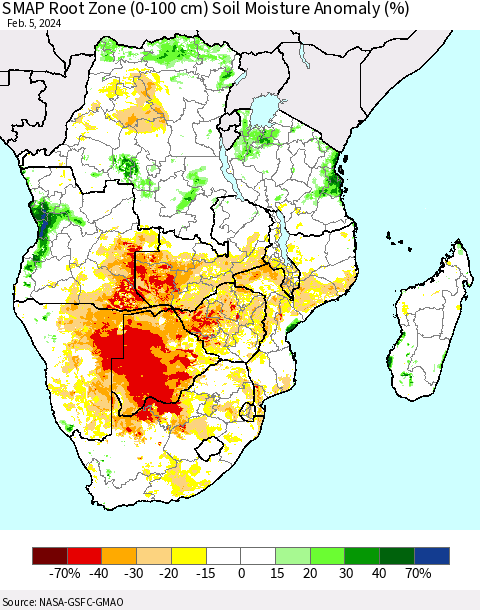 Southern Africa SMAP Root Zone (0-100 cm) Soil Moisture Anomaly (%) Thematic Map For 2/1/2024 - 2/5/2024