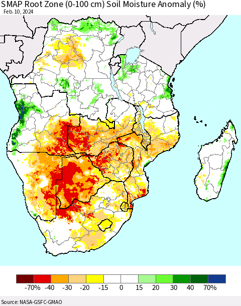 Southern Africa SMAP Root Zone (0-100 cm) Soil Moisture Anomaly (%) Thematic Map For 2/6/2024 - 2/10/2024