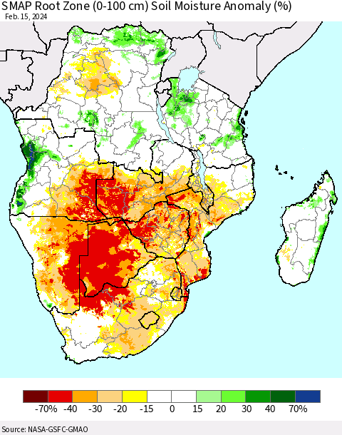 Southern Africa SMAP Root Zone (0-100 cm) Soil Moisture Anomaly (%) Thematic Map For 2/11/2024 - 2/15/2024