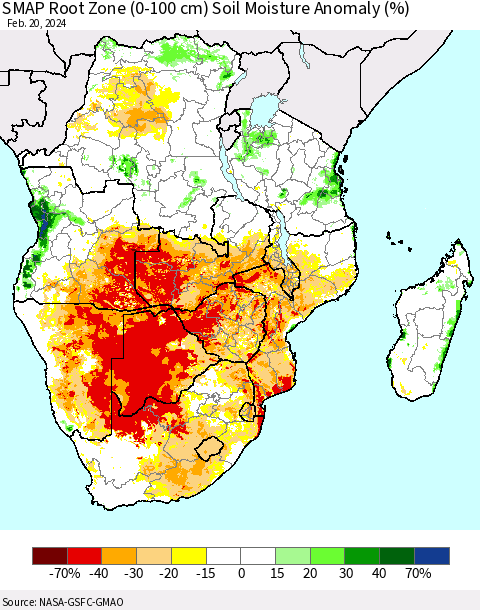 Southern Africa SMAP Root Zone (0-100 cm) Soil Moisture Anomaly (%) Thematic Map For 2/16/2024 - 2/20/2024