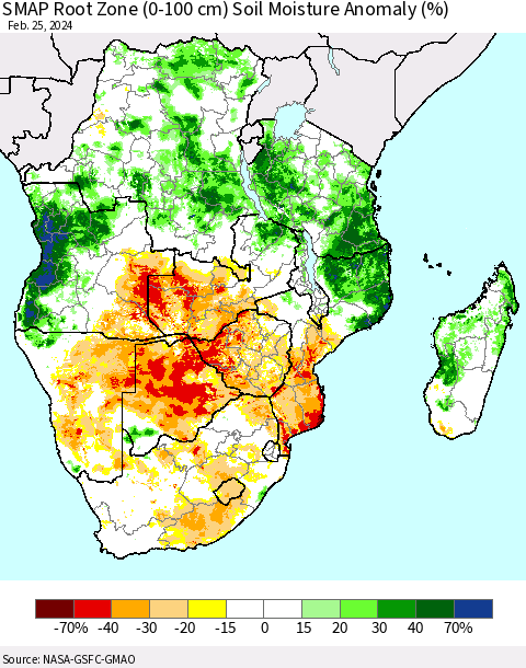 Southern Africa SMAP Root Zone (0-100 cm) Soil Moisture Anomaly (%) Thematic Map For 2/21/2024 - 2/25/2024