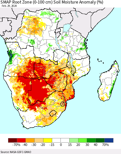 Southern Africa SMAP Root Zone (0-100 cm) Soil Moisture Anomaly (%) Thematic Map For 2/26/2024 - 2/29/2024