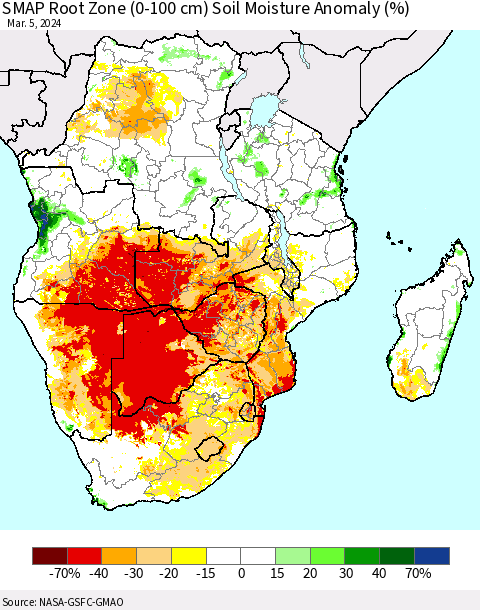 Southern Africa SMAP Root Zone (0-100 cm) Soil Moisture Anomaly (%) Thematic Map For 3/1/2024 - 3/5/2024