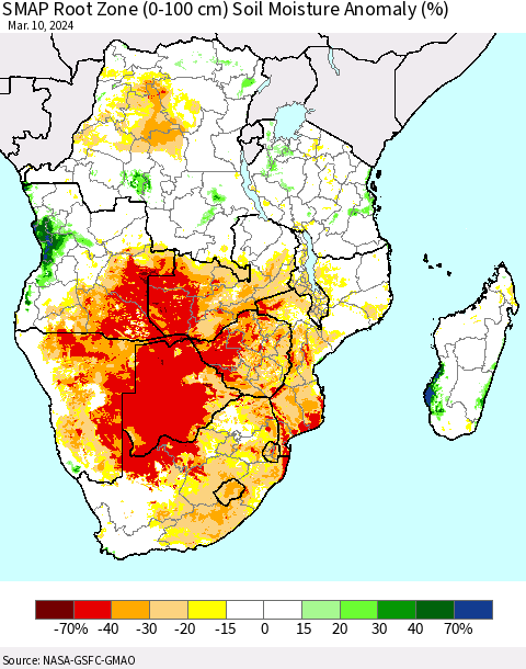 Southern Africa SMAP Root Zone (0-100 cm) Soil Moisture Anomaly (%) Thematic Map For 3/6/2024 - 3/10/2024