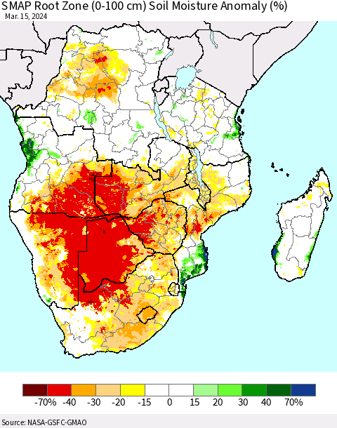 Southern Africa SMAP Root Zone (0-100 cm) Soil Moisture Anomaly (%) Thematic Map For 3/11/2024 - 3/15/2024