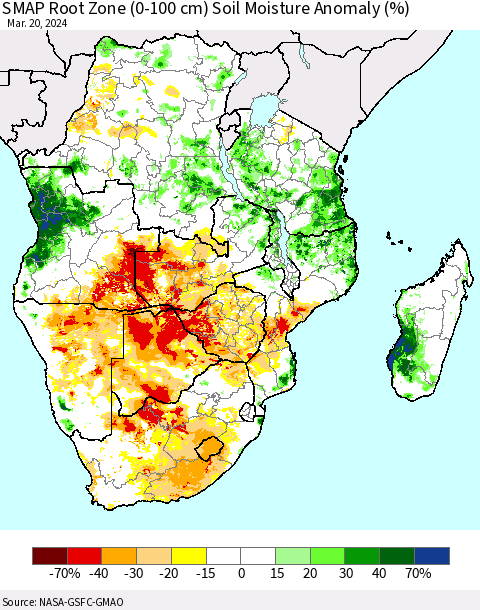 Southern Africa SMAP Root Zone (0-100 cm) Soil Moisture Anomaly (%) Thematic Map For 3/16/2024 - 3/20/2024