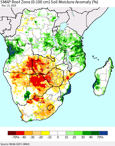 Southern Africa SMAP Root Zone (0-100 cm) Soil Moisture Anomaly (%) Thematic Map For 3/21/2024 - 3/25/2024
