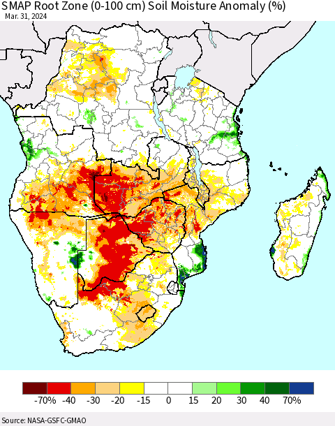 Southern Africa SMAP Root Zone (0-100 cm) Soil Moisture Anomaly (%) Thematic Map For 3/26/2024 - 3/31/2024