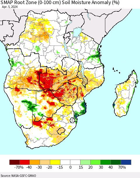 Southern Africa SMAP Root Zone (0-100 cm) Soil Moisture Anomaly (%) Thematic Map For 4/1/2024 - 4/5/2024