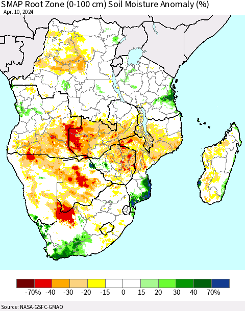 Southern Africa SMAP Root Zone (0-100 cm) Soil Moisture Anomaly (%) Thematic Map For 4/6/2024 - 4/10/2024